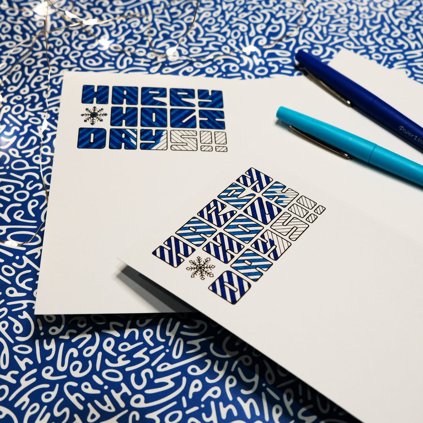 Holiday Card: Letter Pattern in Blue with Color-Me-In Inside