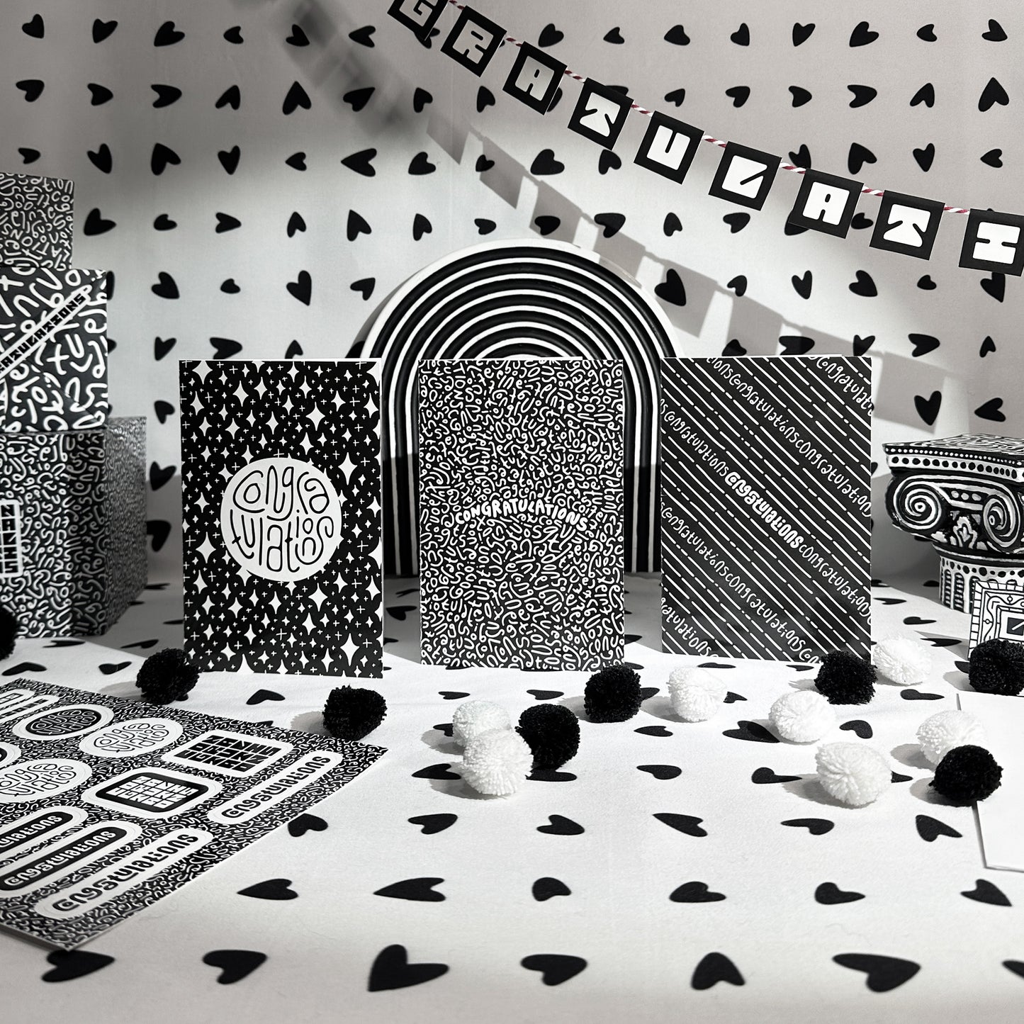 Congratulations Greeting card: Falling Glitter in Black & White with Color-Me-In Inside