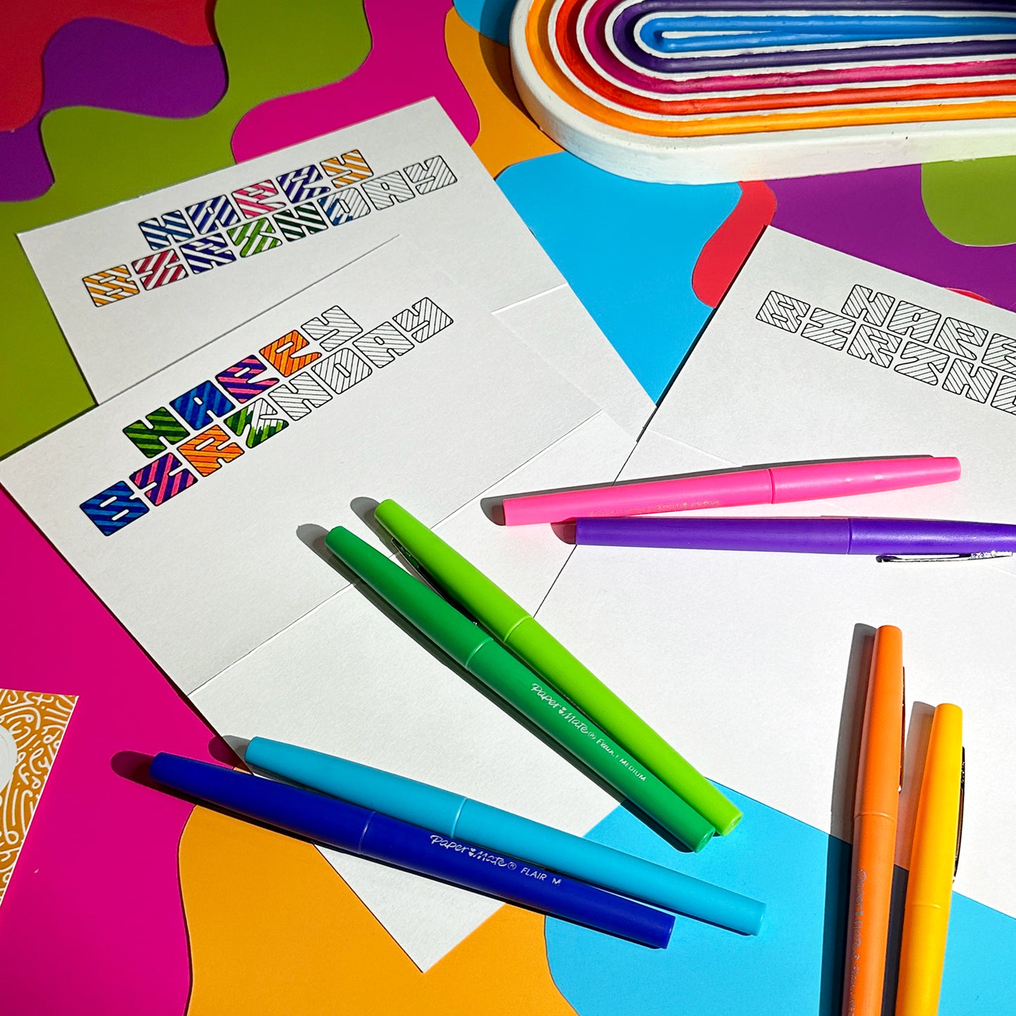 Happy Birthday Greeting Card: Zig Zag in Rainbow with Color-Me-In Inside