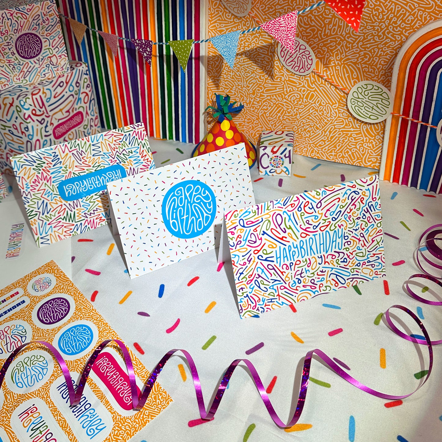 Happy Birthday Greeting Card: Letter Pattern in Rainbow with Color-Me-In Inside