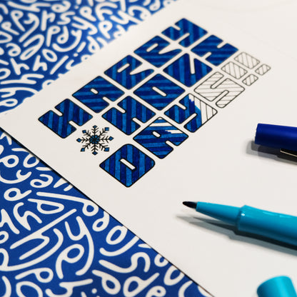 Holiday Card: Letter Pattern in Blue with Color-Me-In Inside