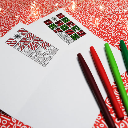 Holiday Card: Letter Pattern in Red with Color-Me-In Inside