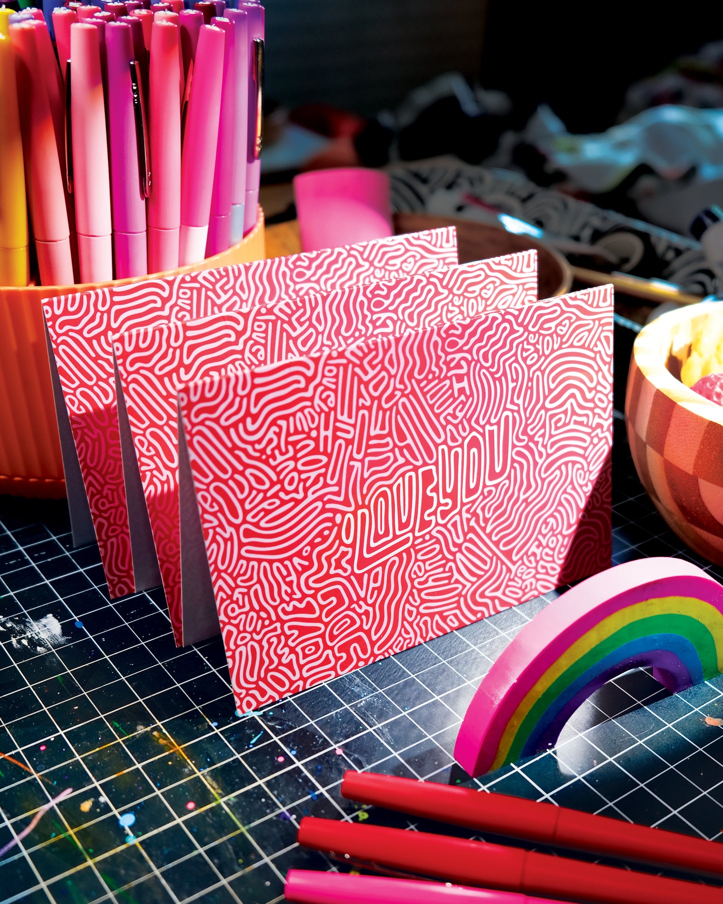 I Love You Greeting Card: Letter Pattern in Valentine with Color-Me-In Inside