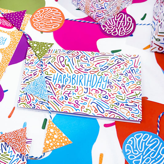 Happy Birthday Greeting Card: Letter Pattern in Rainbow with Color-Me-In Inside
