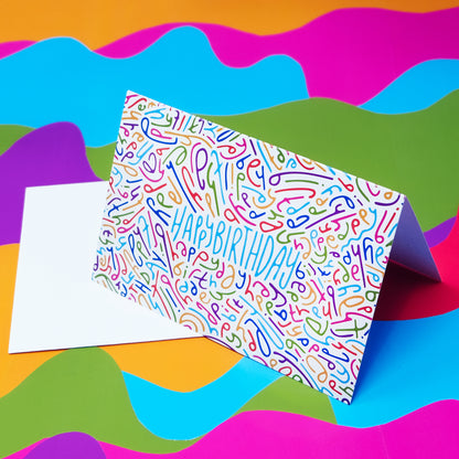 Happy Birthday Greeting Card: Letter Pattern in Rainbow with Color-Me-In Inside