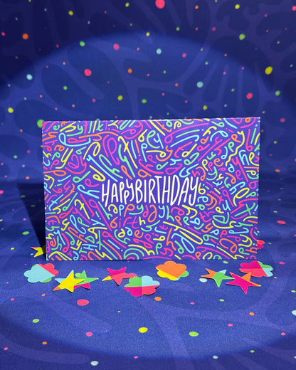 Happy Birthday Greeting Card: Letter Pattern in Disco with Color-Me-In Inside