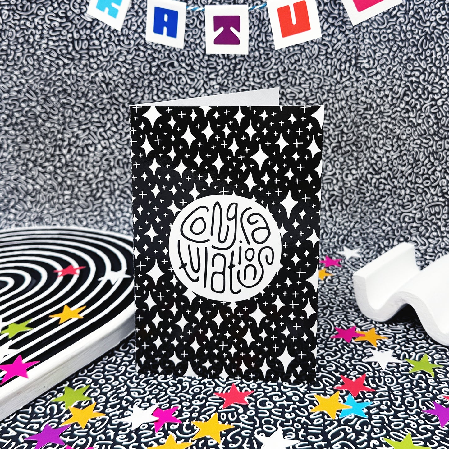 Congratulations Greeting Card: Sparkles in Black & White with Color-Me-In Inside