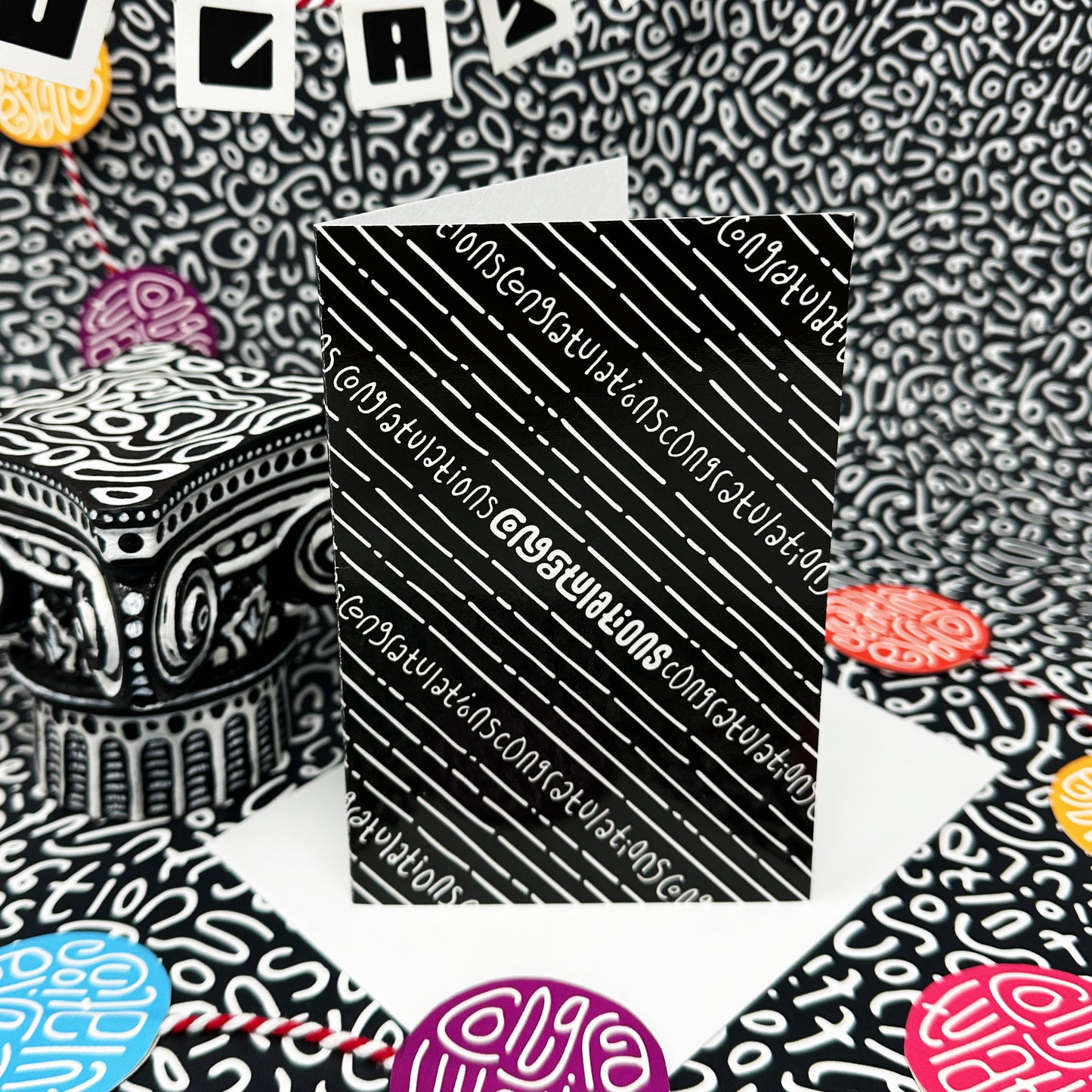 Congratulations Greeting card: Falling Glitter in Black & White with Color-Me-In Inside