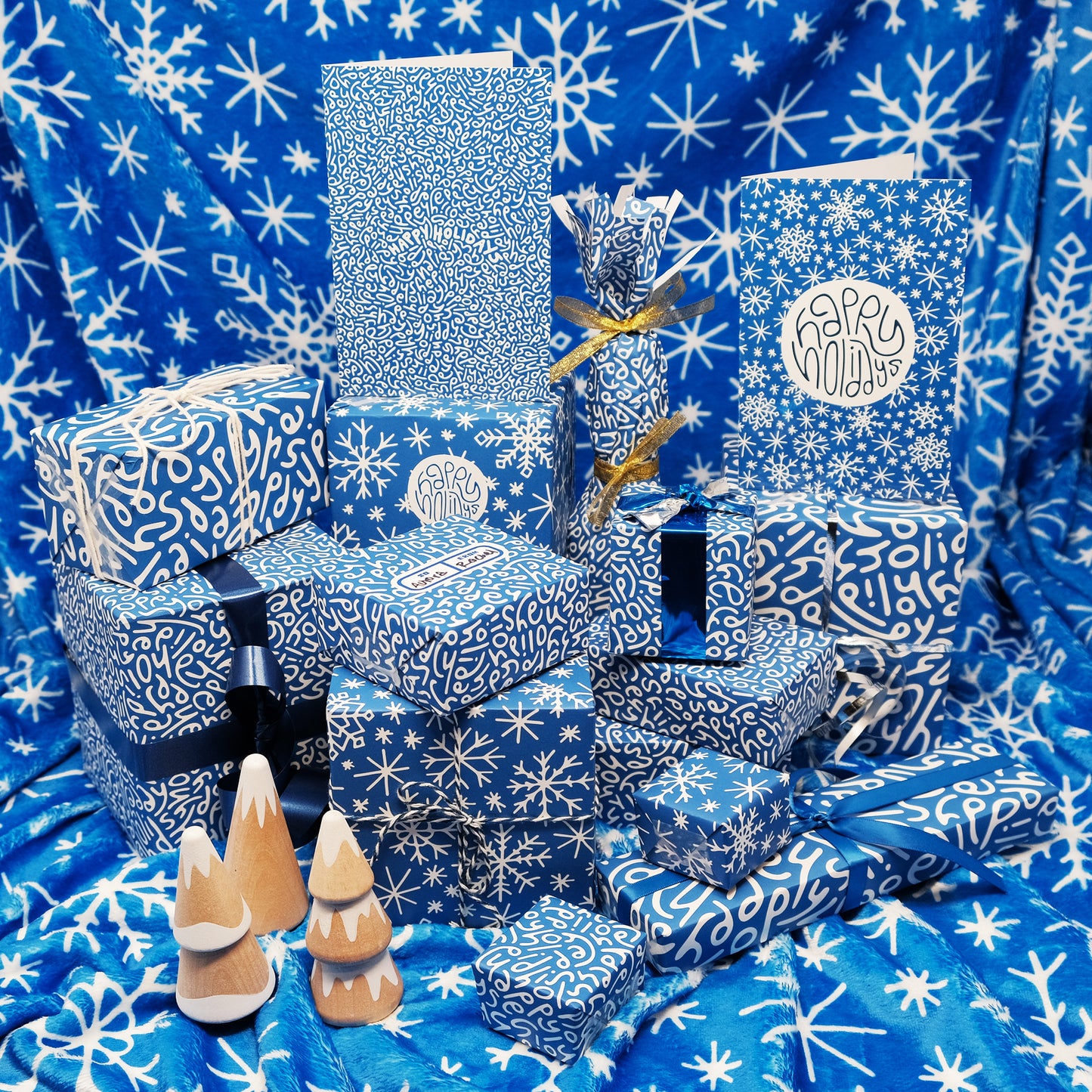 Happy Holidays Wrapping Paper: Multi-Pattern Set in Blue