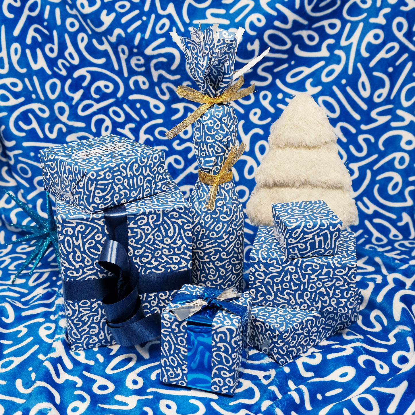 Happy Holidays Letter Pattern Wrapping Paper: Blue Letters x3