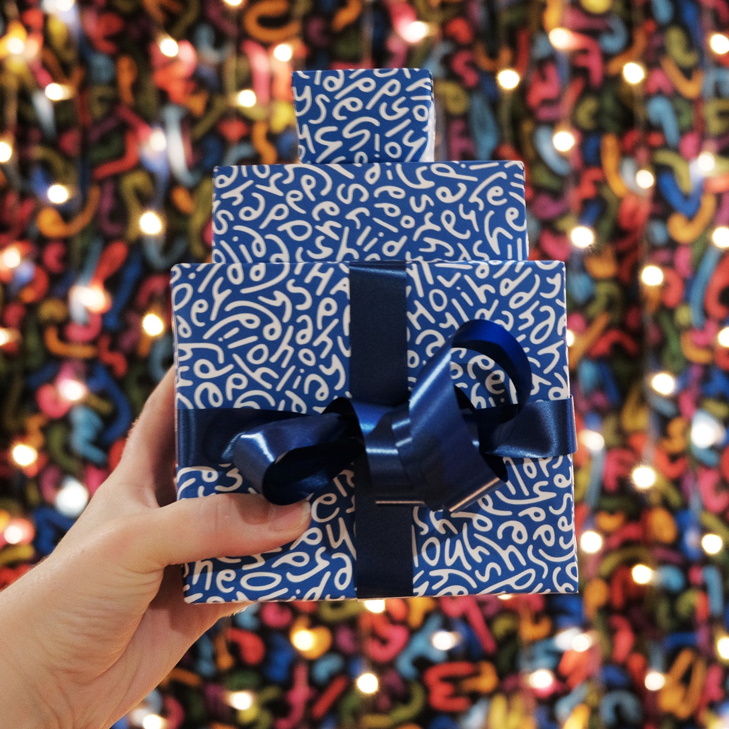 Happy Holidays Letter Pattern Wrapping Paper: Blue Letters x3