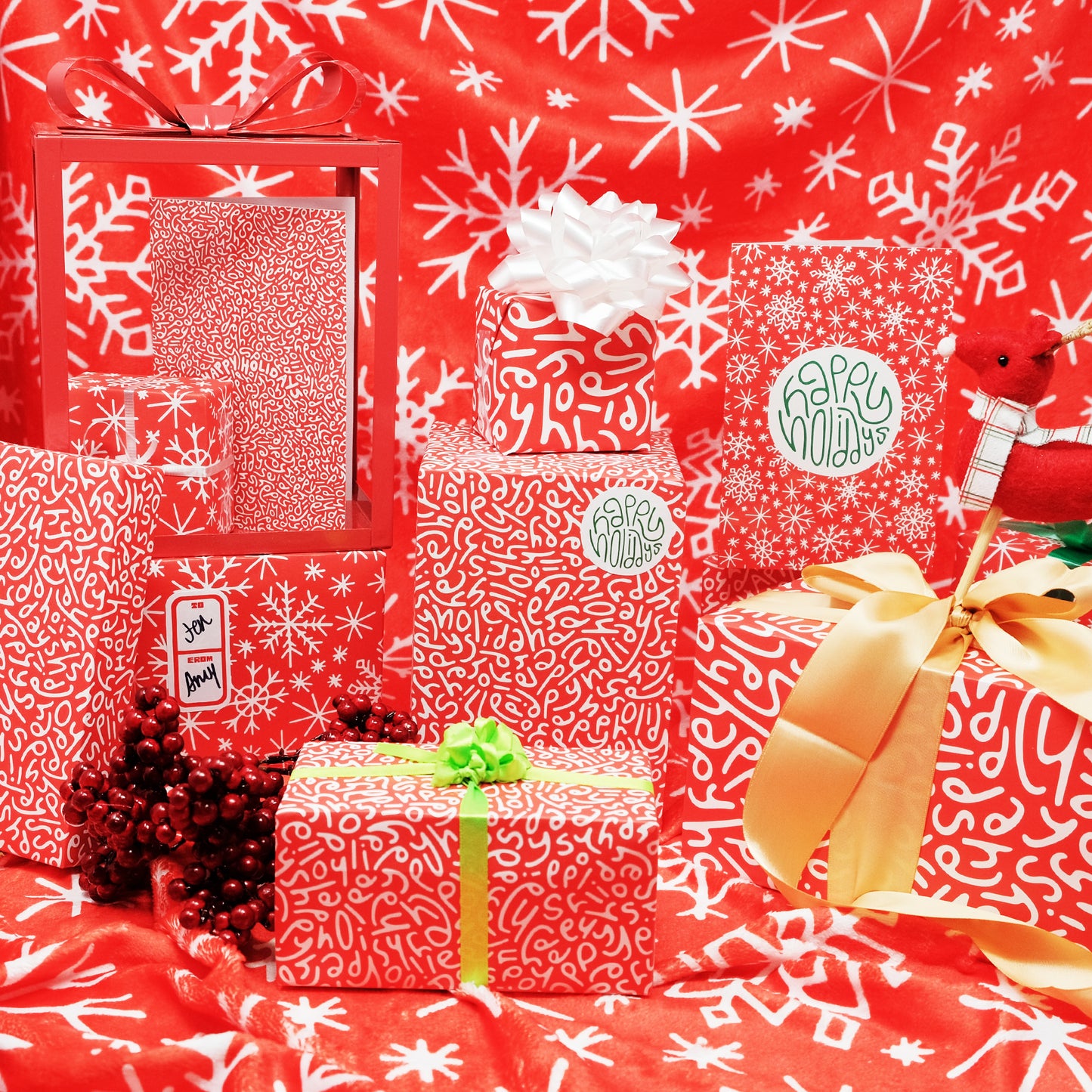 Happy Holidays Wrapping Paper: Multi-Pattern Set in Red