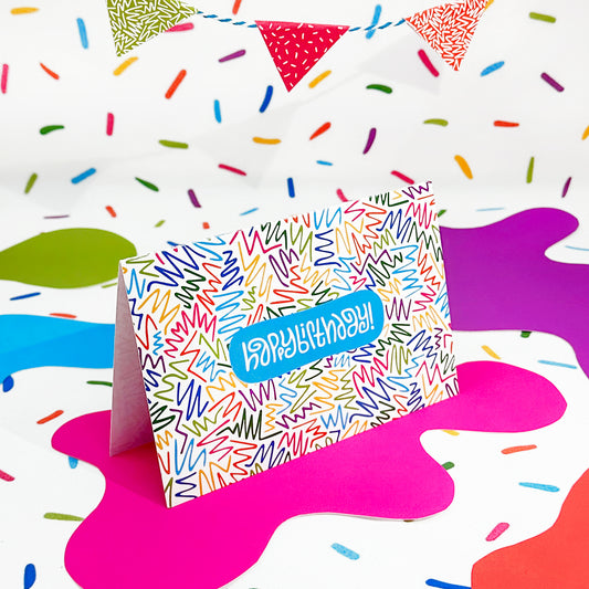 Happy Birthday Greeting Card: Zig Zag in Rainbow with Color-Me-In Inside
